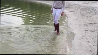 Video 1542099401: riding straight, soaked clothes, riding boots, soaking wet, riding brown