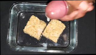 Watch the video about I lick my Cum off my delicious sperm covered Rice Krispy Treats