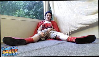 Watch the video about Young guy Sean Johansen drips cum while wearing red shoes