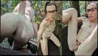 Watch the video about Beautiful mtf transgender woman fucking herself with a glass dildo in the woods