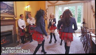 Watch the video about Kinky schoolgirls wearing Scottish skirt and fucking for bet