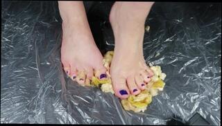 Watch the video about Bare toes squashing juicy wet Pears. Very Messy ASMR! Lick them clean!