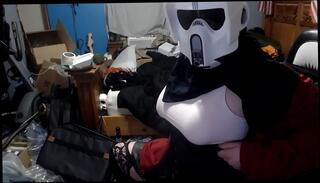 Watch the video about Crossdresser storm trooper mask spread eagle pumping cock