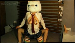 Watch the video about Unicorn schoolgirl ride cock with clamps in her nipples