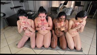 Watch the video about Four sluts with degrading body writing doing stupid things face spitting exercising