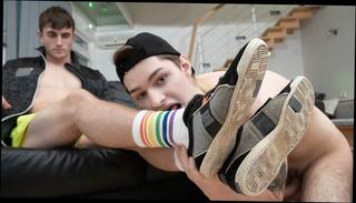 Video 1574938404: bareback twink gay sex, twink licks feet, twinks bareback cumshot, gay twink fetish, naked feet, feet socks, licking shoes, knees licking, hand licking