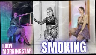 Watch the video about Smoking Doll Lady Morningstar in College Short Skirt and Fishnet Pantyhose