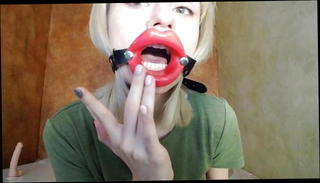 Video 1177675501: dildo gag, gagging blowjob, straight dildo, open mouth gag, gag lips, red dildo