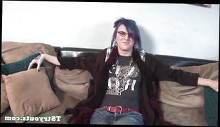 Watch the video about Alternative tgirl wanks solo on casting couch