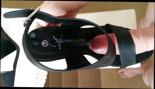 Watch the video about Fuck and cum black white platform sandals heels